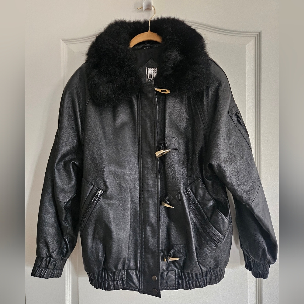 VINTAGE Greg Bell Leather Jacket  Black Fur Collar Zipper Toggle UNISEX Medium